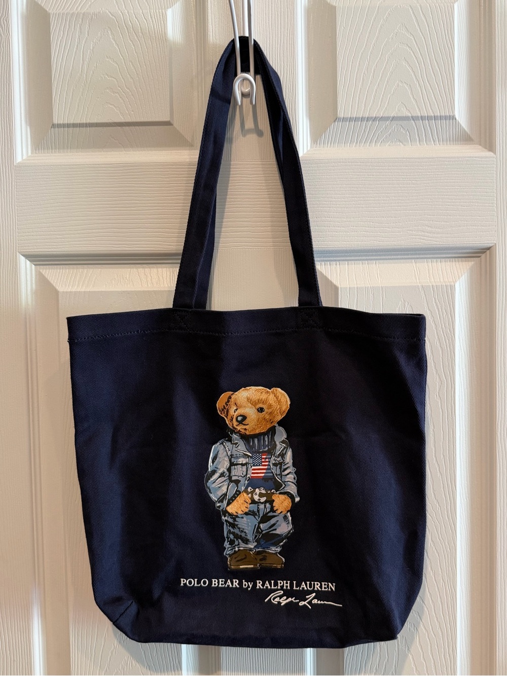 Ralph Lauren Navy Canvas Tote with USA Flag Polo Bear Graphic - Picture 2 of 6